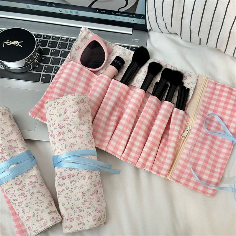Beauty Makeup Organizer - Tas Penyimpanan Kuas Makeup Kain Kotak-kotak